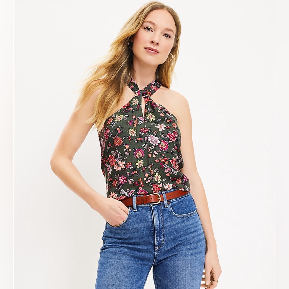 Loft Country Garden Linen Blend Twist Halter Top size S